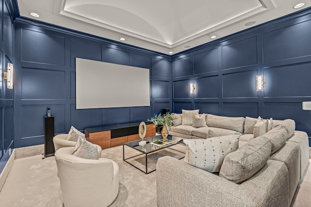 2210 Barcelona Ct, Westlake, TX 76262 - carpeted cinema room with a decorative wall, recessed lighting, and vaulted ceiling