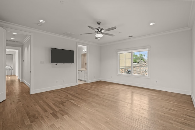2210 Barcelona Ct, Westlake, TX 76262 - unfurnished living room featuring baseboards, light wood-type flooring, crown molding, a ceiling fan, and recessed lighting