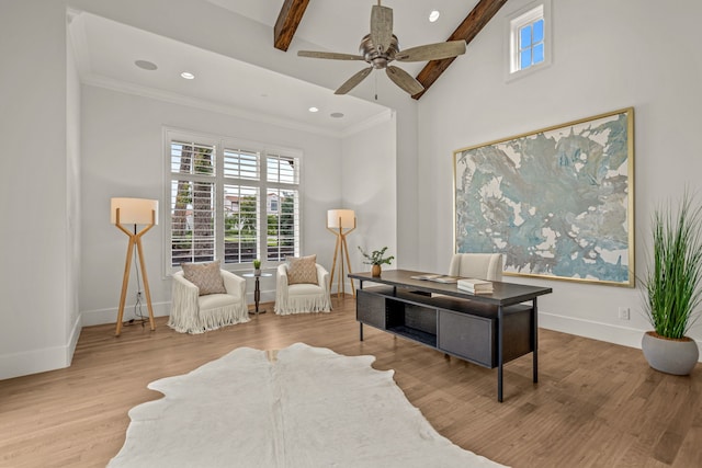 2210 Barcelona Ct, Westlake, TX 76262 - office area with healthy amount of natural light, crown molding, baseboards, wood finished floors, and beam ceiling