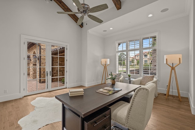 2210 Barcelona Ct, Westlake, TX 76262 - office space with baseboards, ornamental molding, french doors, ceiling fan, and wood finished floors