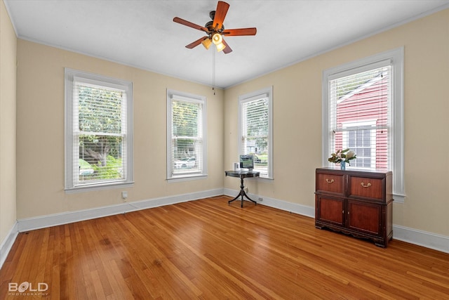 unfurnished room with light wood-type flooring, baseboards, a ceiling fan, ornamental molding, and plenty of natural light