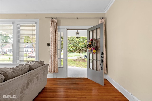 foyer entrance featuring crown molding, wood finished floors, plenty of natural light, and baseboards