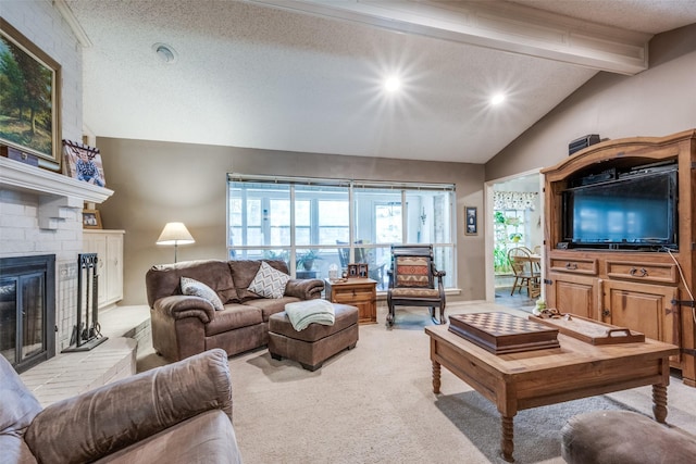 425 Headlee St, Denton, TX 76201 - living area featuring a fireplace, a textured ceiling, light carpet, and recessed lighting