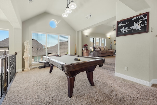 215 Dominion Dr, Wylie, TX 75098 - game room with carpet floors, pool table, baseboards, and high vaulted ceiling