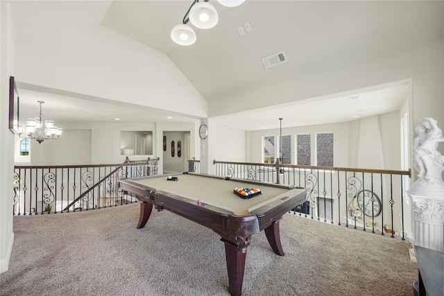 215 Dominion Dr, Wylie, TX 75098 - recreation room featuring carpet floors, a chandelier, and high vaulted ceiling