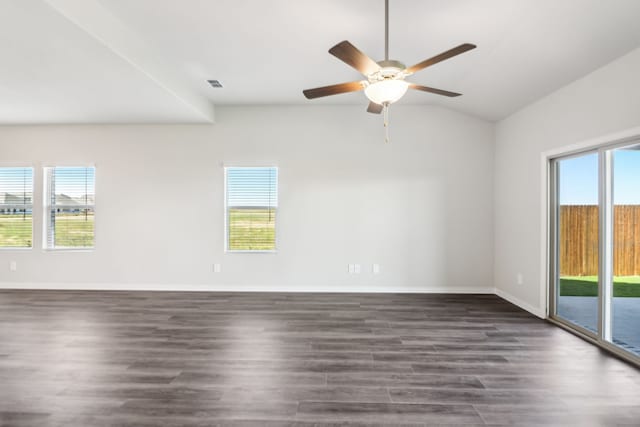418 Stagg St, Mckinney, TX 75069 - empty room with ceiling fan, dark wood-style flooring, baseboards, and lofted ceiling