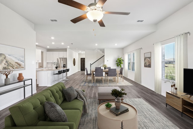 418 Stagg St, Mckinney, TX 75069 - living room featuring wood finished floors, stairs, ceiling fan, baseboards, and recessed lighting