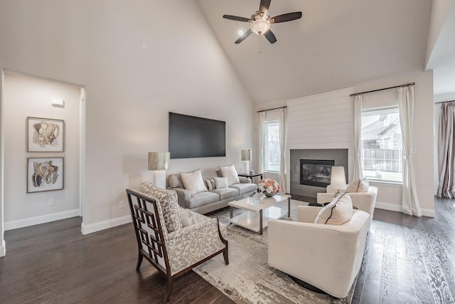 3723 Birch Wood Ct, Northlake, TX 76226 - living room with high vaulted ceiling, baseboards, a ceiling fan, a fireplace, and dark wood-type flooring