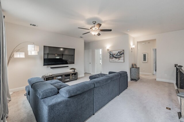 3723 Birch Wood Ct, Northlake, TX 76226 - living area featuring light colored carpet, ceiling fan, and baseboards