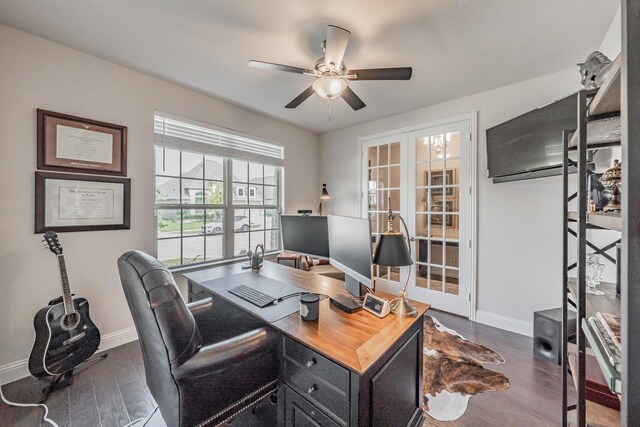 3723 Birch Wood Ct, Northlake, TX 76226 - office with ceiling fan, baseboards, dark wood finished floors, and french doors