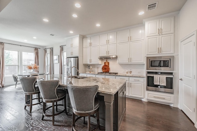 3723 Birch Wood Ct, Northlake, TX 76226 - kitchen with stainless steel appliances, a sink, dark wood-style floors, under cabinet range hood, and an island with sink