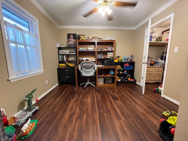 4054 Lakeshore Dr, Lone Star, TX 75668 - office space with ceiling fan, wood finished floors, crown molding, and baseboards