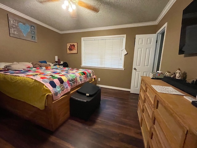 4054 Lakeshore Dr, Lone Star, TX 75668 - bedroom featuring a textured ceiling, dark wood-style flooring, baseboards, crown molding, and ceiling fan