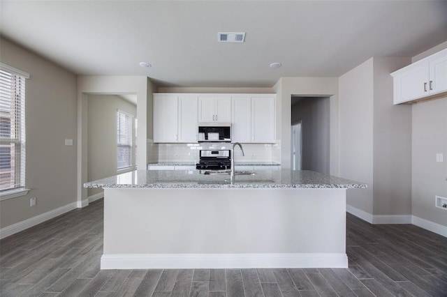 1683 Timpson Dr, Forney, TX 75126 - kitchen with appliances with stainless steel finishes, dark wood finished floors, a sink, and light stone countertops
