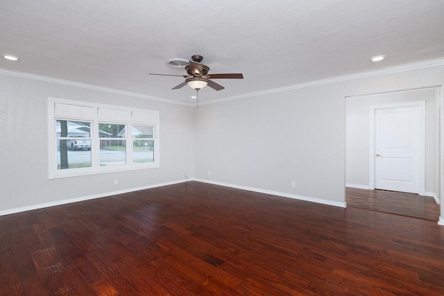 2103 S High St, Brady, TX 76825 - unfurnished room featuring ceiling fan, dark wood-style floors, baseboards, ornamental molding, and recessed lighting