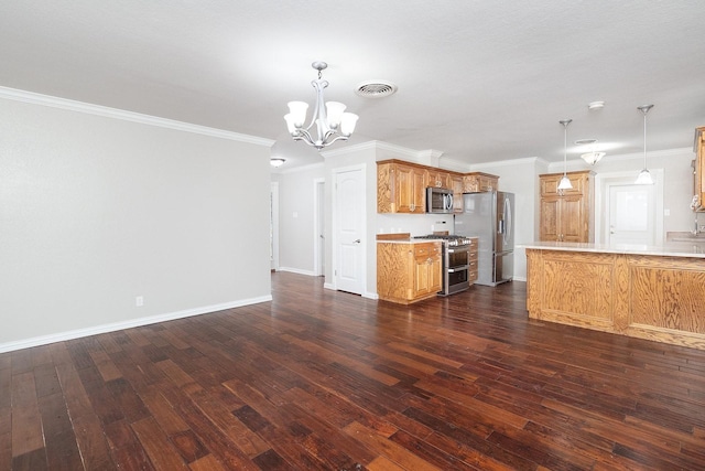 2103 S High St, Brady, TX 76825 - unfurnished living room with a chandelier, dark wood-style flooring, baseboards, and crown molding