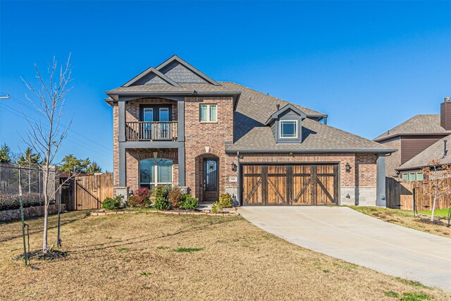 3001 Spring Ct, Midlothian, TX 76065 - view of front of property featuring brick siding, a balcony, a garage, concrete driveway, and roof with shingles