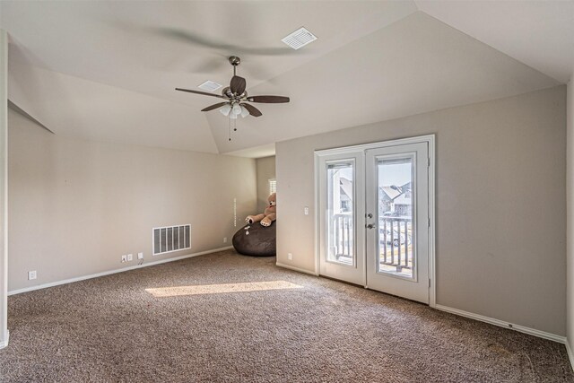 3001 Spring Ct, Midlothian, TX 76065 - carpeted empty room with lofted ceiling, a ceiling fan, french doors, and baseboards