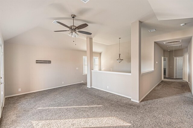 3001 Spring Ct, Midlothian, TX 76065 - unfurnished living room featuring attic access, carpet floors, ceiling fan, lofted ceiling, and baseboards
