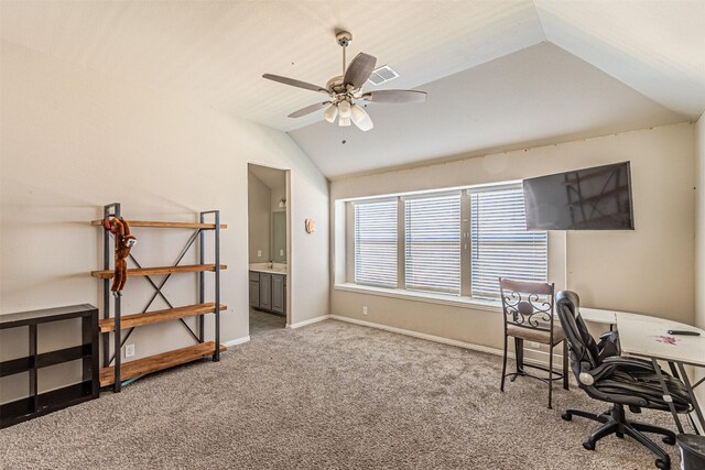 3001 Spring Ct, Midlothian, TX 76065 - carpeted office with lofted ceiling, a ceiling fan, and baseboards