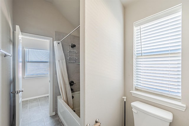 3001 Spring Ct, Midlothian, TX 76065 - full bathroom with toilet, tile patterned floors, shower / tub combo with curtain, and lofted ceiling