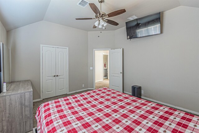 3001 Spring Ct, Midlothian, TX 76065 - bedroom with lofted ceiling, a closet, carpet floors, a ceiling fan, and baseboards