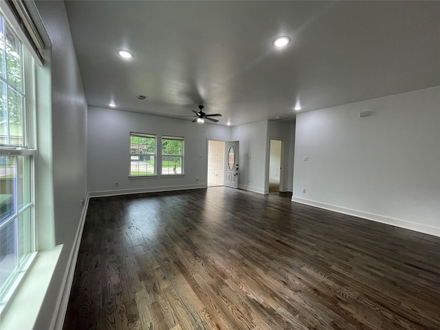 206 E Birch St, Campbell, TX 75422 - spare room with a ceiling fan, recessed lighting, dark wood-style flooring, and baseboards
