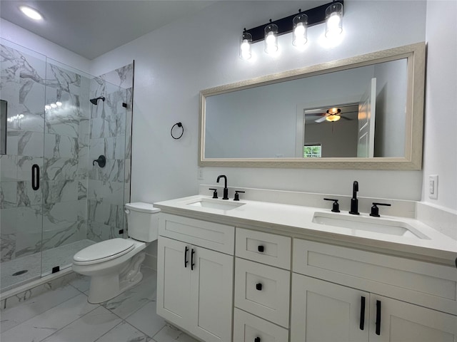 206 E Birch St, Campbell, TX 75422 - bathroom with marble finish floors, toilet, a marble finish shower, double vanity, and ceiling fan