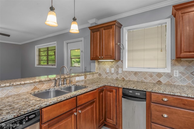 704 Taylor Bend St, Haughton, LA 71037 - kitchen with a sink, dishwasher, decorative backsplash, light stone counters, and ornamental molding