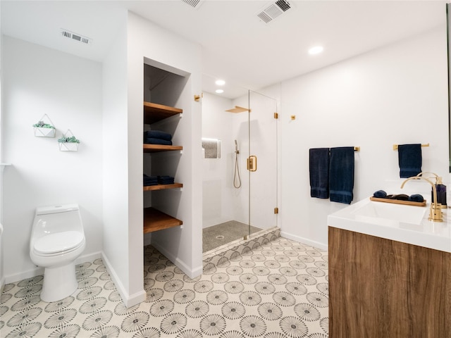 445 Melrose Dr, Richardson, TX 75080 - bathroom featuring a stall shower, toilet, baseboards, recessed lighting, and vanity