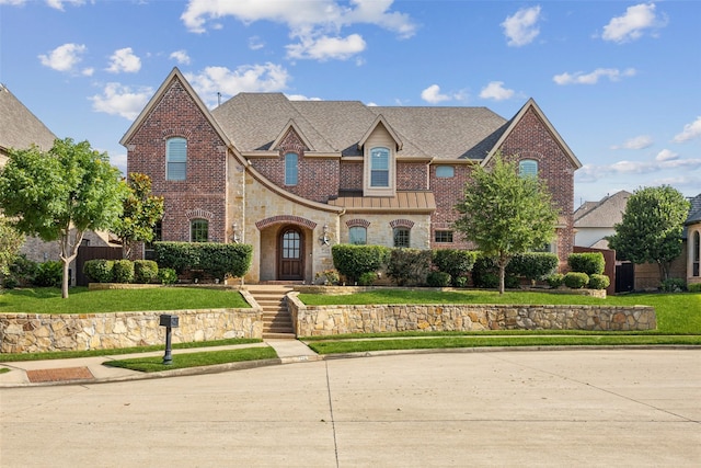 1270 Timber Ln, Frisco, TX 75036 - view of front of property with brick siding, a front yard, stone siding, a standing seam roof, and roof with shingles