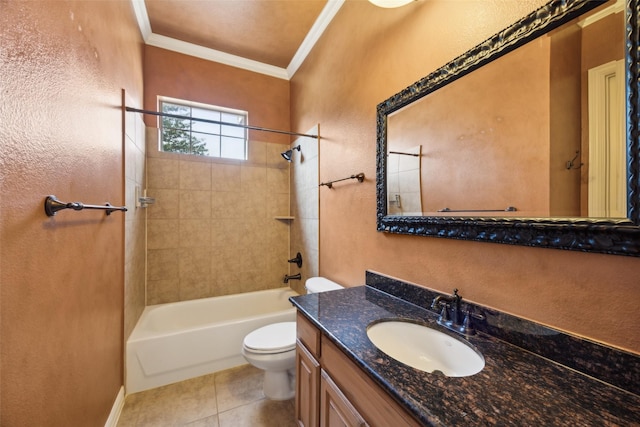 1270 Timber Ln, Frisco, TX 75036 - bathroom featuring crown molding, toilet, vanity, shower / bath combination, and a textured wall