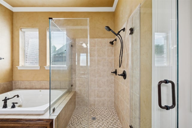 1270 Timber Ln, Frisco, TX 75036 - bathroom featuring a stall shower, crown molding, a whirlpool tub, and plenty of natural light