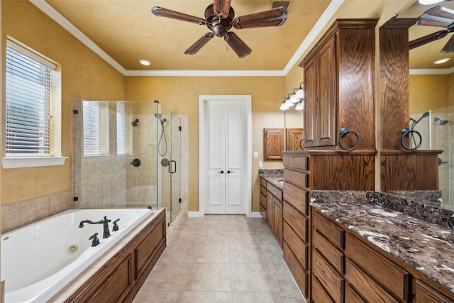 1270 Timber Ln, Frisco, TX 75036 - full bathroom with a stall shower, a whirlpool tub, ceiling fan, vanity, and crown molding