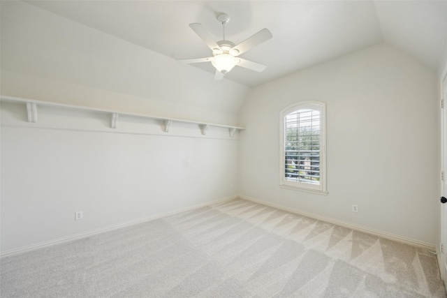 1270 Timber Ln, Frisco, TX 75036 - unfurnished room featuring vaulted ceiling, light colored carpet, ceiling fan, and baseboards