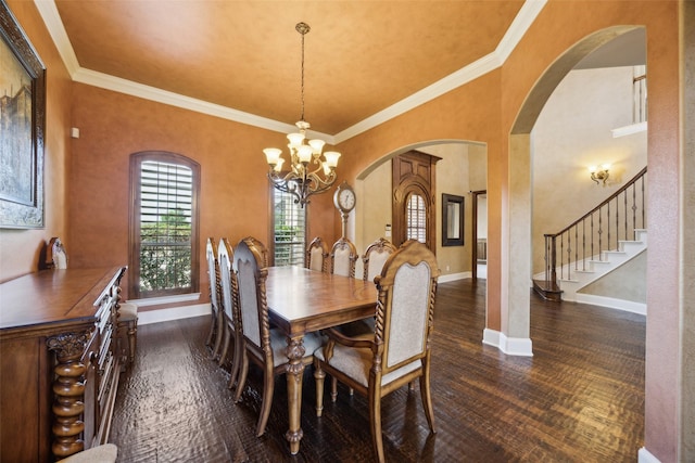 1270 Timber Ln, Frisco, TX 75036 - dining room with arched walkways, wood finished floors, a chandelier, baseboards, and stairway