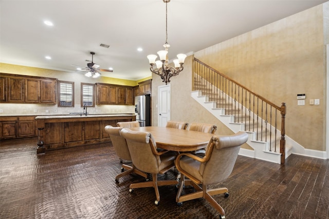 1270 Timber Ln, Frisco, TX 75036 - dining room with stairway, a chandelier, a ceiling fan, recessed lighting, and baseboards