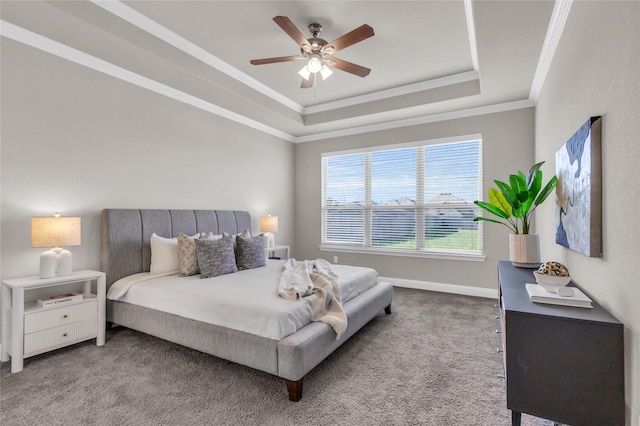 405 Calvert Dr, Midlothian, TX 76065 - bedroom with a tray ceiling, carpet flooring, ornamental molding, baseboards, and ceiling fan