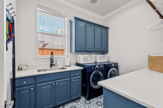 903 Crescent Dr, Highland Village, TX 75077 - washroom with cabinet space, washing machine and dryer, crown molding, and light flooring