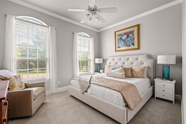 903 Crescent Dr, Highland Village, TX 75077 - bedroom featuring light carpet, ornamental molding, a ceiling fan, and baseboards
