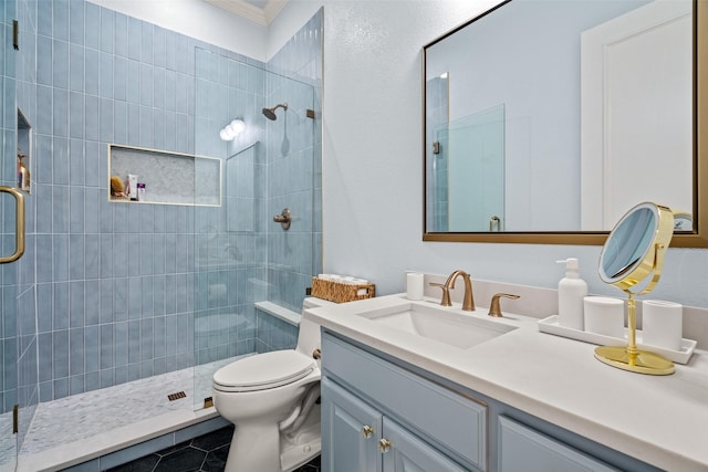 903 Crescent Dr, Highland Village, TX 75077 - bathroom featuring a shower stall, vanity, crown molding, and toilet