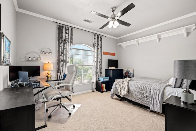 903 Crescent Dr, Highland Village, TX 75077 - carpeted bedroom featuring ornamental molding, a desk, a ceiling fan, and baseboards