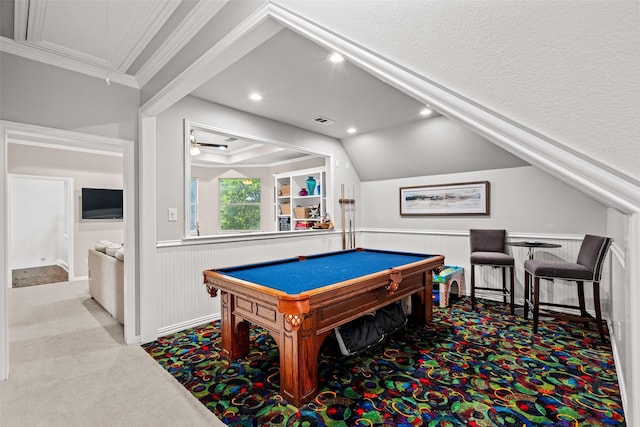 903 Crescent Dr, Highland Village, TX 75077 - recreation room with carpet floors, ornamental molding, recessed lighting, a wainscoted wall, and vaulted ceiling