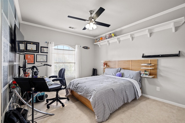 903 Crescent Dr, Highland Village, TX 75077 - carpeted bedroom with ornamental molding, baseboards, and ceiling fan