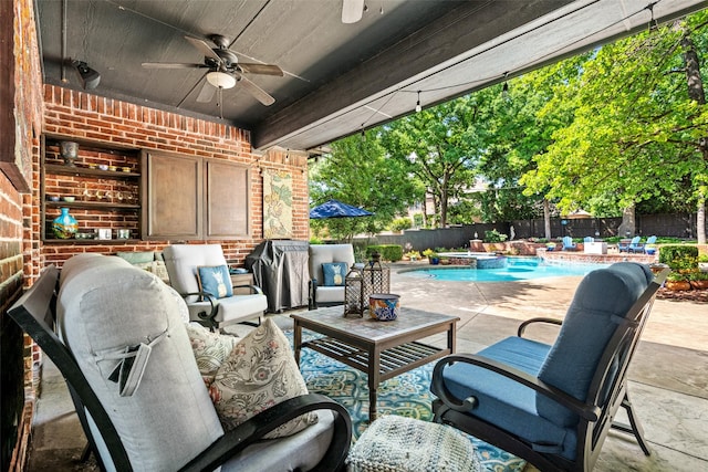 903 Crescent Dr, Highland Village, TX 75077 - view of patio / terrace featuring ceiling fan, an outdoor hangout area, a fenced backyard, and a pool with connected hot tub