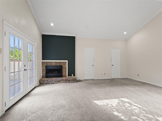 12605 Burninglog Ln, Dallas, TX 75243 - unfurnished living room featuring crown molding, carpet floors, baseboards, french doors, and a fireplace