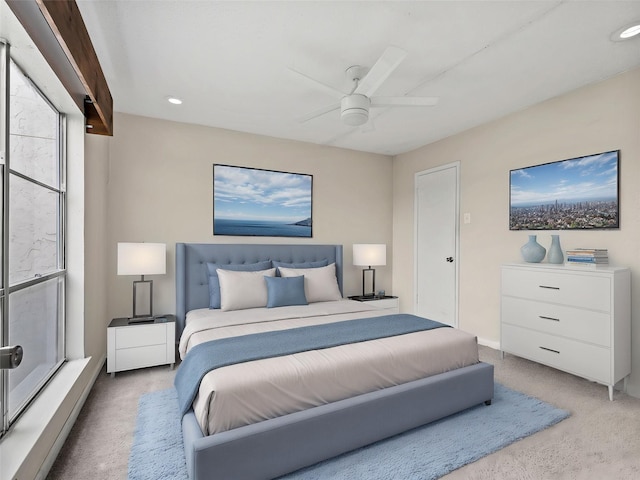 12605 Burninglog Ln, Dallas, TX 75243 - bedroom with light colored carpet, ceiling fan, and recessed lighting
