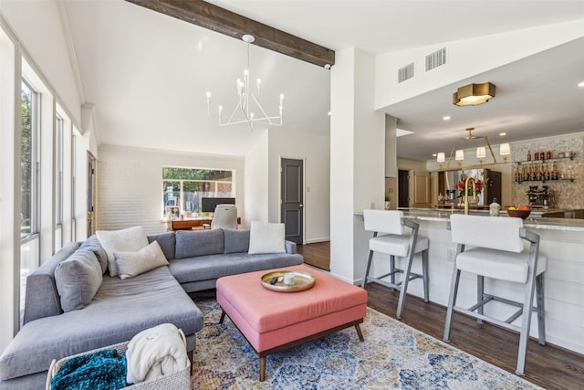 4549 Walnut Hill Ln, Dallas, TX 75229 - living area with a chandelier, beamed ceiling, dark wood-style floors, and high vaulted ceiling