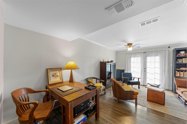 8400 Hickory St Unit 103, Frisco, TX 75034 - home office with wood finished floors, ceiling fan, and crown molding
