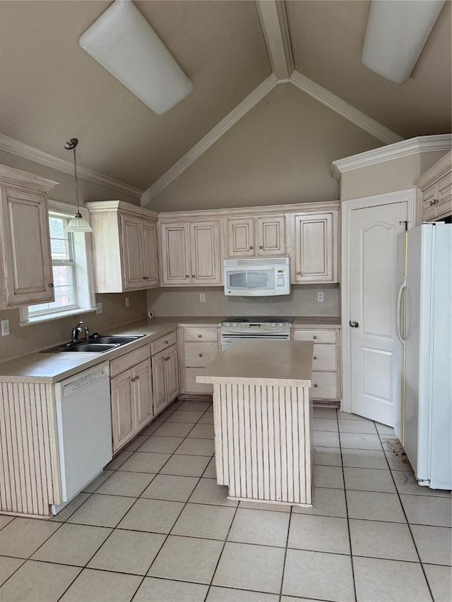 5714 Ferrell Dr, Shreveport, LA 71129 - kitchen with white appliances, light tile patterned floors, light countertops, lofted ceiling, and a kitchen island